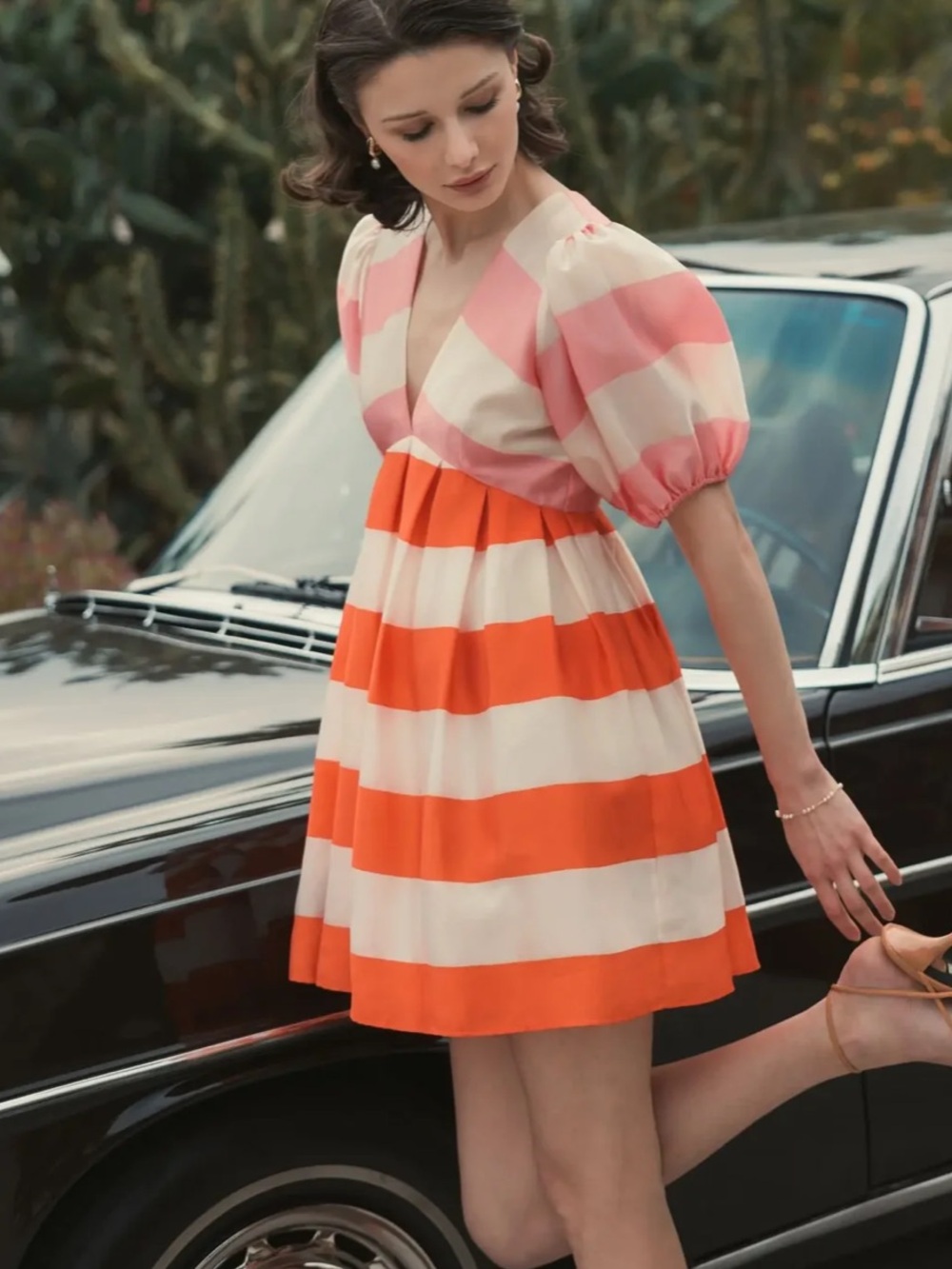 Mac Duggal NWT Organza Striped Balloon Sleeve Mini Dress Pink Orange Size L